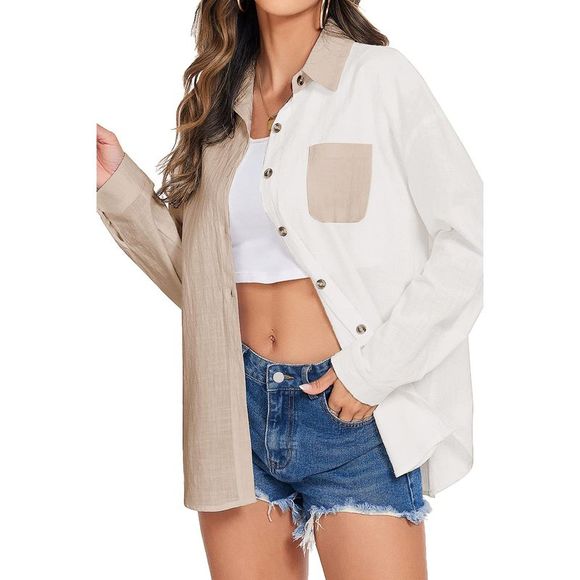 Azura Exchange  Khaki Colorblock Buttons Shirt-Collar Long Sleeve Pocket Blouse - Picture 7 of 13